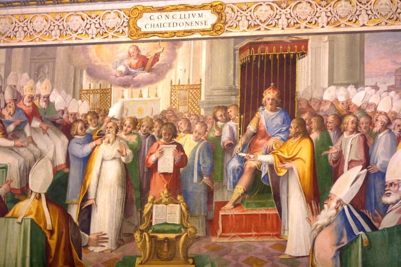 Renaissance fresco of the Council of Chalcedon, bishops gathered before the emperor.