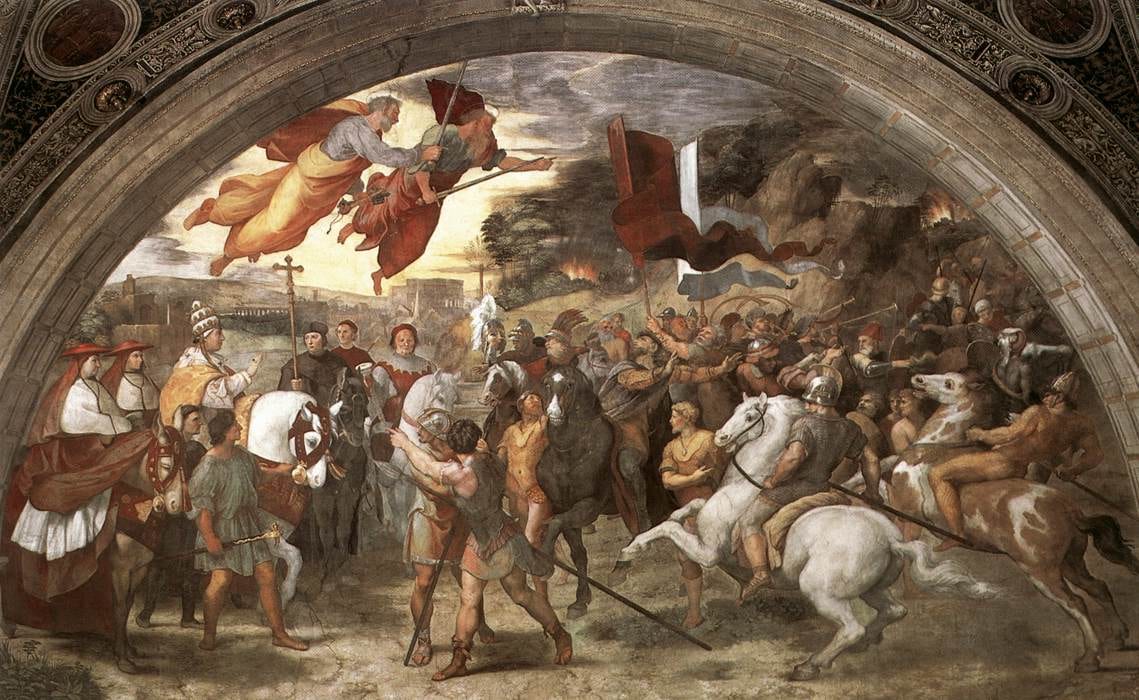 Raphael's fresco of Pope St. Leo the Great meeting Attila the Hun, with Sts. Peter and Paul appearing overhead.