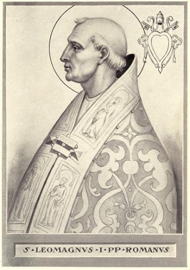 Engraved portrait of Pope St. Leo the Great in papal vestments.